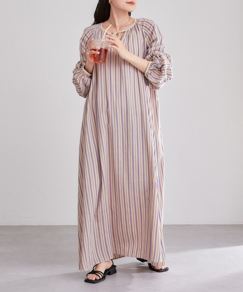 CIAOPANIC TYPY（チャオパニックティピー）の「ストライプ袖ギャザーワンピース（ワンピース・レディース・グリーン/アイボリー/ブラック・ONE SIZE）」の4枚目の写真