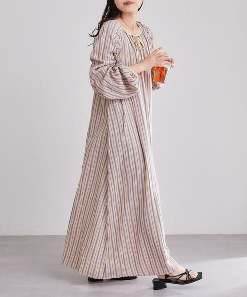 CIAOPANIC TYPY（チャオパニックティピー）の「ストライプ袖ギャザーワンピース（ワンピース・レディース・グリーン/アイボリー/ブラック・ONE SIZE）」の7枚目の写真