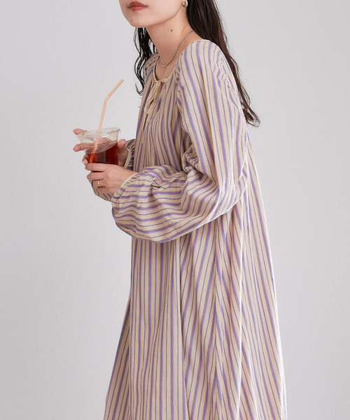 CIAOPANIC TYPY（チャオパニックティピー）の「ストライプ袖ギャザーワンピース（ワンピース・レディース・グリーン/アイボリー/ブラック・ONE SIZE）」の10枚目の写真