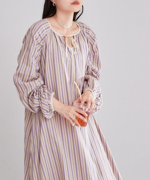 CIAOPANIC TYPY（チャオパニックティピー）の「ストライプ袖ギャザーワンピース（ワンピース・レディース・グリーン/アイボリー/ブラック・ONE SIZE）」の11枚目の写真