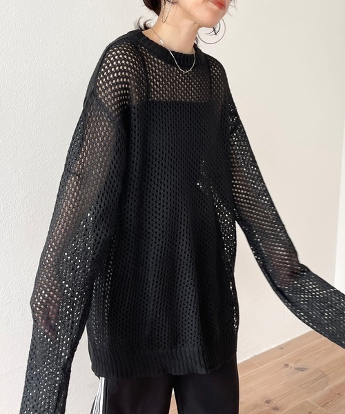 wee9s(ウィークス)の「super loose mesh knit / スーパールーズメッシュニットトップス(Tシャツ/カットソー・レディース・ブラック/アイボリー・FREE)」の2枚目の写真