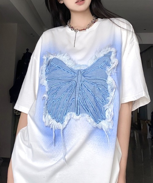 美品✨ GUCCI レース バタフライ刺繍 半袖Tシャツ ブルー サイズL GUCCI - 美品✨ GUCCI レース バタフライ刺繍 半袖Tシャツ ブルー
