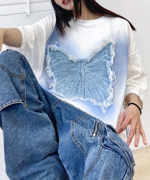 DIAVEL(ディアベル)の「綿100% ユニセックス ビッグバタフライ刺繍パッチビッグ半袖Tシャツ(Tシャツ/カットソー・レディース・ホワイト/ブラック・M)」の10枚目の写真