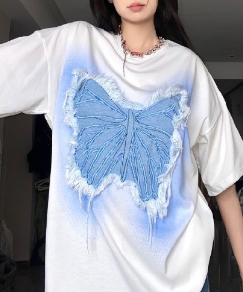 DIAVEL(ディアベル)の「綿100% ユニセックス ビッグバタフライ刺繍パッチビッグ半袖Tシャツ(Tシャツ/カットソー・レディース・ホワイト/ブラック・M)」の17枚目の写真