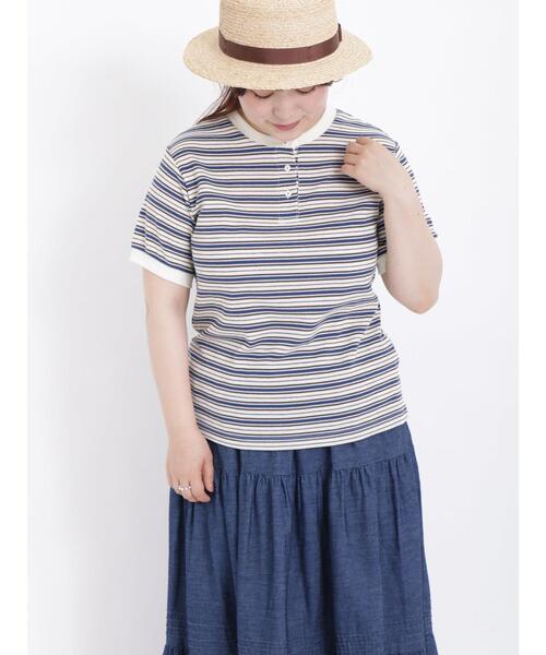 Samansa Mos2（サマンサ モスモス）の「◎ワッフルボーダーヘンリーネックTシャツ（Tシャツ/カットソー・レディース・ブルー/イエロー/キナリ/ピンク・F）」の3枚目の写真