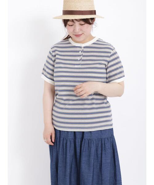 Samansa Mos2（サマンサ モスモス）の「◎ワッフルボーダーヘンリーネックTシャツ（Tシャツ/カットソー・レディース・ブルー/イエロー/キナリ/ピンク・F）」の12枚目の写真