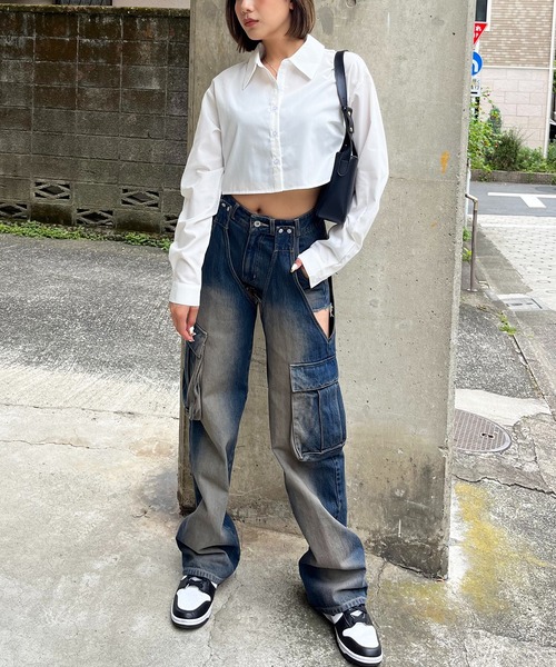 SPIRALGIRL(スパイラルガール)の「クロップドシャツ(シャツ/ブラウス・レディース・ホワイト/グレー系・FREE)」の10枚目の写真