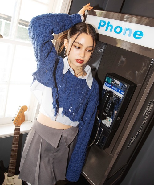 SPIRALGIRL(スパイラルガール)の「クロップドシャツ(シャツ/ブラウス・レディース・ホワイト/グレー系・FREE)」の7枚目の写真