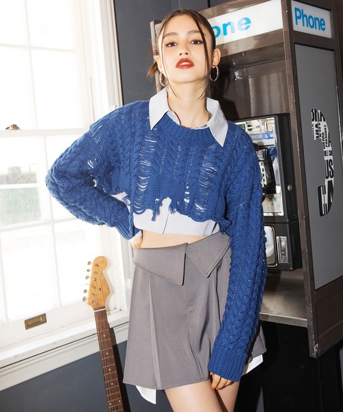 SPIRALGIRL(スパイラルガール)の「クロップドシャツ(シャツ/ブラウス・レディース・ホワイト/グレー系・FREE)」の6枚目の写真