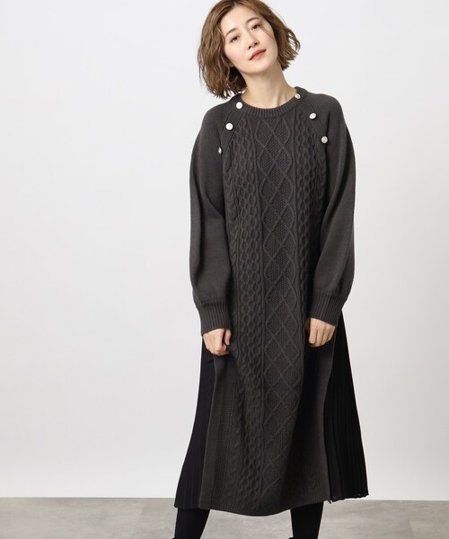 grove（グローブ）の「◆サイドプリーツケーブルニットワンピース（ワンピース・レディース・アイボリー/グレー系その他/ボルドー/ライトグレー・03/02/04/01/05）」の3枚目の写真