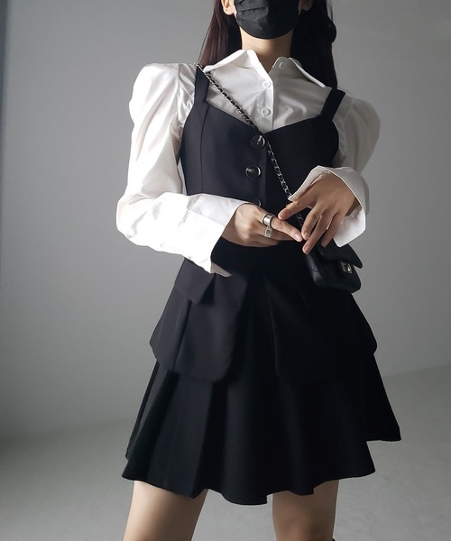 me+em select(ミームセレクト)の「【 3点セットアップ 】ショートシャツ&プリーツミニスカート&キャミビスチェ SET(セットアップ・レディース・ブラック/ブラウン・MEDIUM/SMALL)」の6枚目の写真