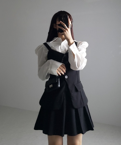 me+em select(ミームセレクト)の「【 3点セットアップ 】ショートシャツ&プリーツミニスカート&キャミビスチェ SET(セットアップ・レディース・ブラック/ブラウン・MEDIUM/SMALL)」の7枚目の写真