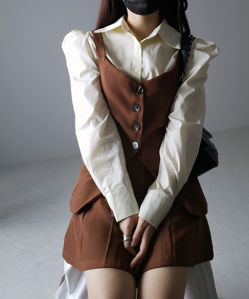 me+em select(ミームセレクト)の「【 3点セットアップ 】ショートシャツ&プリーツミニスカート&キャミビスチェ SET(セットアップ・レディース・ブラック/ブラウン・MEDIUM/SMALL)」の14枚目の写真
