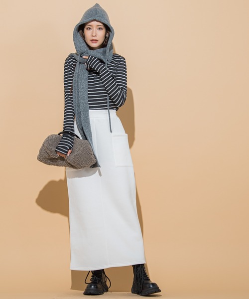 VICKY(ビッキー)の「【KOREAN ITEM】マフラー付フードニット帽(ニットキャップ/ビーニー・レディース・ブラック/ライトグレー・M)」の7枚目の写真