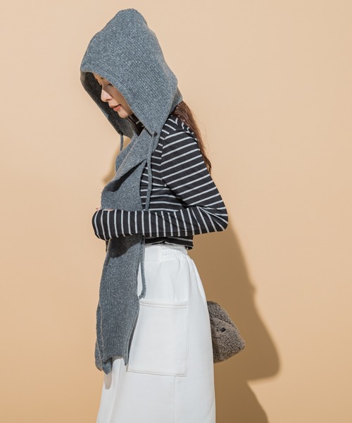 VICKY(ビッキー)の「【KOREAN ITEM】マフラー付フードニット帽(ニットキャップ/ビーニー・レディース・ブラック/ライトグレー・M)」の6枚目の写真