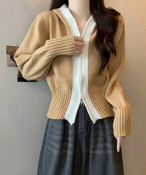 pumpkin port(パンプキンポート)の「バイカラー WZIP パーカー カーディガン(カーディガン/ボレロ・レディース・ベージュ/ブルー/ホワイト/ブラック・M)」の14枚目の写真