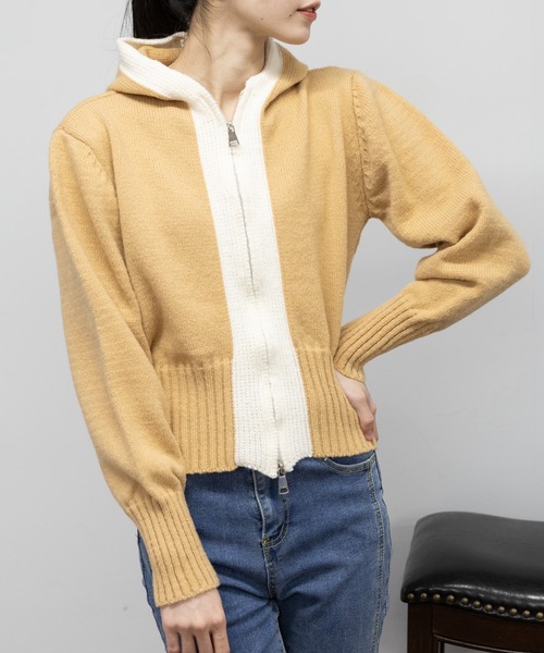 pumpkin port(パンプキンポート)の「バイカラー WZIP パーカー カーディガン(カーディガン/ボレロ・レディース・ベージュ/ブルー/ホワイト/ブラック・M)」の15枚目の写真