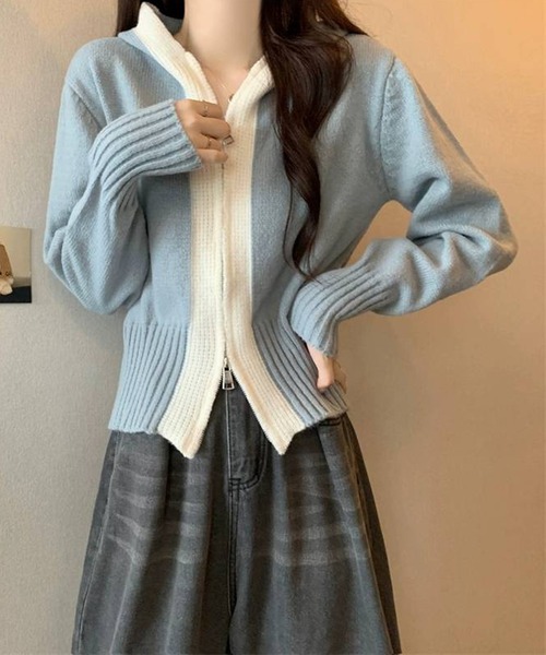 pumpkin port(パンプキンポート)の「バイカラー WZIP パーカー カーディガン(カーディガン/ボレロ・レディース・ベージュ/ブルー/ホワイト/ブラック・M)」の18枚目の写真