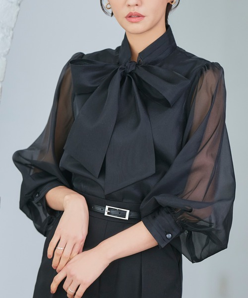 RUIRUE BOUTIQUE(ルイルエブティック)の「洗える |【ドレスアップデコルテ ブラウスシリーズ】タックスタンドカラー オーガンジーシアーボウタイブラウス | 長袖 スタンドカラー トップス 体型カバー オフィスカジュアル 通勤服 華やか ボリュームスリーブ ギャザースリーブ シースルー リボン ボウタイ ブラウス(シャツ/ブラウス・レディース・ブラック/ホワイト/ネイビー・3L/LL/L/M/S)」の19枚目の写真
