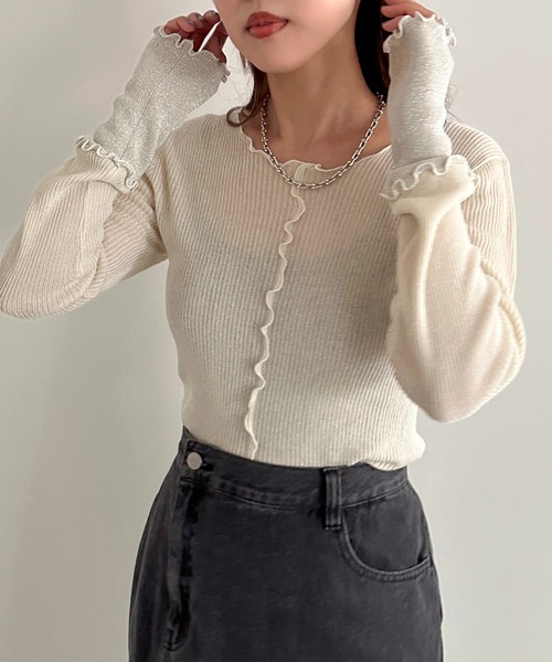 apres jour mignon（アプレジュールミニョン）の「2WAY袖ラメ切り替えニット【ZOZOTOWN限定アイテム】（ニット/セーター・レディース・ブラック/アイボリー/ネイビー/パープル・フリー/X-LARGE）」の2枚目の写真