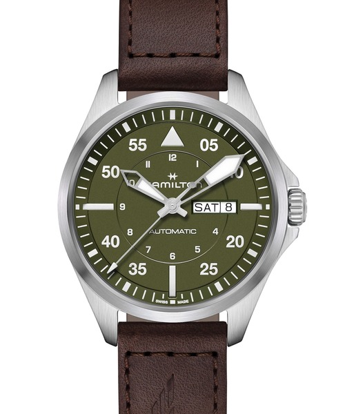 HAMILTON [ハミルトン] 腕時計 Khaki Aviation （カーキ アヴィエーション） Khaki Pilot Day Date オート 自動巻き 42MM グリーン×ブラウン（アナログ腕時計）｜HAMILTON（ハミルトン）