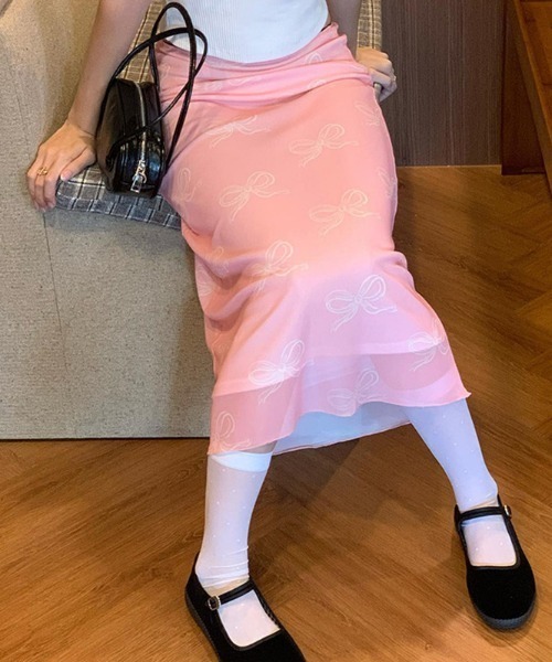 LAC-VERT(ラック・ヴェール)の「メッシュ重ねリボンタイトスカート(スカート・レディース・ピンク/ブラック・LARGE/MEDIUM)」の5枚目の写真