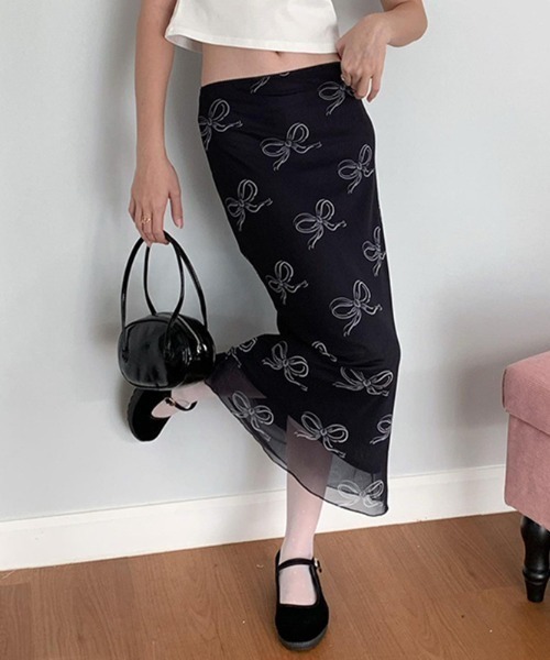 LAC-VERT(ラック・ヴェール)の「メッシュ重ねリボンタイトスカート(スカート・レディース・ピンク/ブラック・LARGE/MEDIUM)」の3枚目の写真