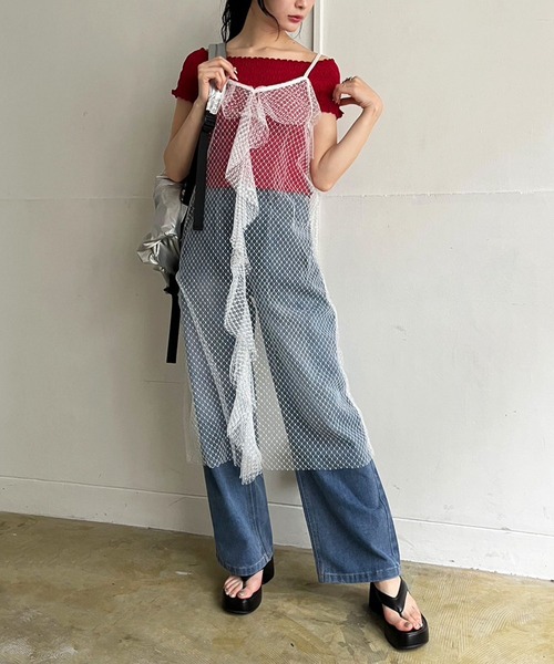 Jewelobe(ジュエローブ)の「チュールラッフルシアーキャミワンピース(ワンピース・レディース・ブラック/ホワイト・FREE)」の16枚目の写真