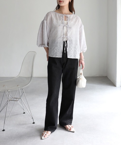 Riberry（リベリー）の「前後2WAYシアーサッカーパフスリーブブラウス（シャツ/ブラウス・レディース・ブラック/オフホワイト/ライトグレー・FREE）」の6枚目の写真