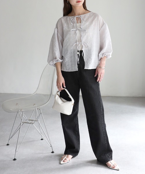 Riberry（リベリー）の「前後2WAYシアーサッカーパフスリーブブラウス（シャツ/ブラウス・レディース・ブラック/オフホワイト/ライトグレー・FREE）」の9枚目の写真