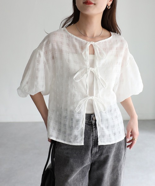 Riberry（リベリー）の「前後2WAYシアーサッカーパフスリーブブラウス（シャツ/ブラウス・レディース・ブラック/オフホワイト/ライトグレー・FREE）」の13枚目の写真