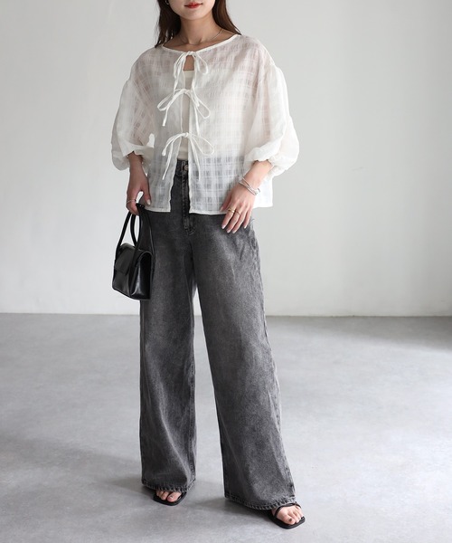 Riberry（リベリー）の「前後2WAYシアーサッカーパフスリーブブラウス（シャツ/ブラウス・レディース・ブラック/オフホワイト/ライトグレー・FREE）」の14枚目の写真