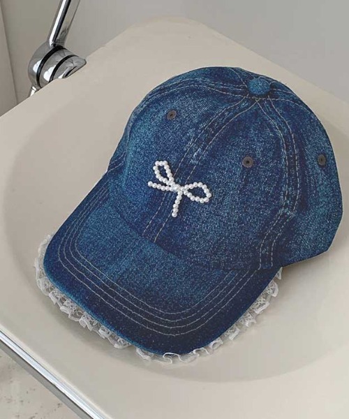 Vipoa(ヴィポア)の「beads ribbon frill denim cap(キャップ・レディース・ブラック/ブルー・FREE)」の2枚目の写真
