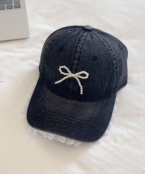 Vipoa(ヴィポア)の「beads ribbon frill denim cap(キャップ・レディース・ブラック/ブルー・FREE)」の5枚目の写真