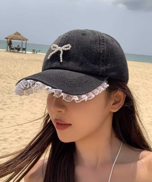 Vipoa(ヴィポア)の「beads ribbon frill denim cap(キャップ・レディース・ブラック/ブルー・FREE)」の3枚目の写真