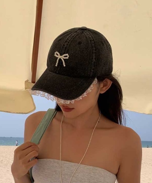 Vipoa(ヴィポア)の「beads ribbon frill denim cap(キャップ・レディース・ブラック/ブルー・FREE)」の4枚目の写真