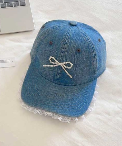 Vipoa(ヴィポア)の「beads ribbon frill denim cap(キャップ・レディース・ブラック/ブルー・FREE)」の7枚目の写真