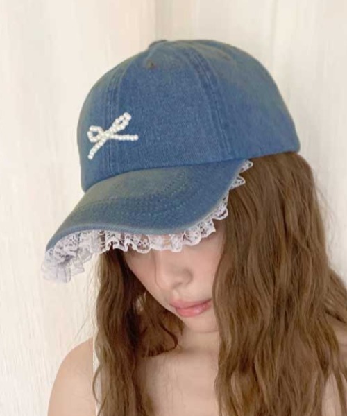 Vipoa(ヴィポア)の「beads ribbon frill denim cap(キャップ・レディース・ブラック/ブルー・FREE)」の6枚目の写真