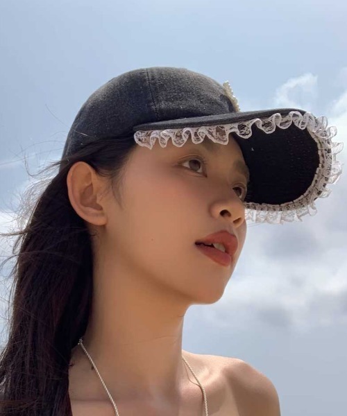 Vipoa(ヴィポア)の「beads ribbon frill denim cap(キャップ・レディース・ブラック/ブルー・FREE)」の8枚目の写真