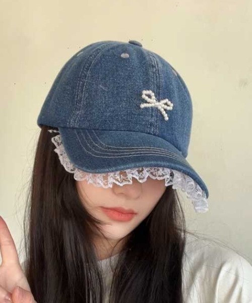 Vipoa(ヴィポア)の「beads ribbon frill denim cap(キャップ・レディース・ブラック/ブルー・FREE)」の13枚目の写真