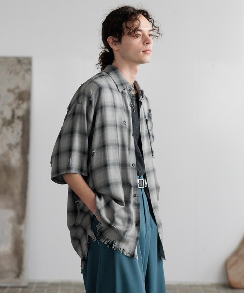HARE（ハレ）の「ダメージチェックシャツ(HARE)（シャツ/ブラウス・メンズ・ブラック系その他/レッド系その他/ブルー系その他/パープル/ホワイト/グレー・FREE）」の20枚目の写真