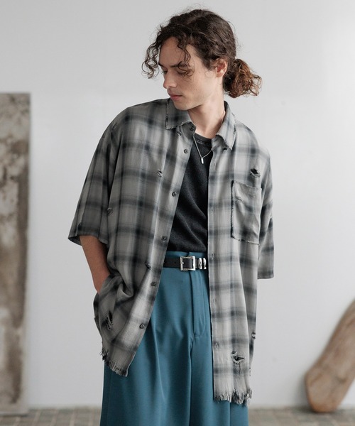 HARE（ハレ）の「ダメージチェックシャツ(HARE)（シャツ/ブラウス・メンズ・ブラック系その他/レッド系その他/ブルー系その他/パープル/ホワイト/グレー・FREE）」の21枚目の写真