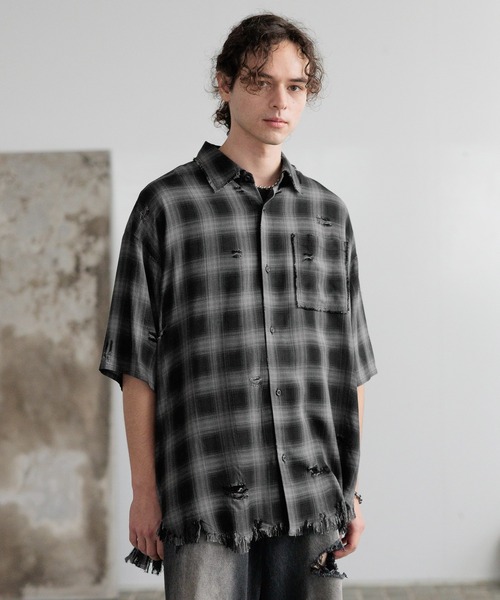 HARE（ハレ）の「ダメージチェックシャツ(HARE)（シャツ/ブラウス・メンズ・ブラック系その他/レッド系その他/ブルー系その他/パープル/ホワイト/グレー・FREE）」の17枚目の写真