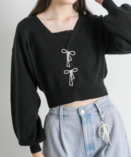 OLIVE des OLIVE(オリーブデオリーブ)の「リボンビジューカーディガン(カーディガン/ボレロ・レディース・オフホワイト/チャコールグレー/サックスブルー/ブラック/ラベンダー・FREE)」の13枚目の写真