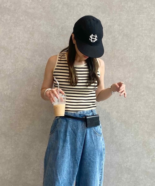 ISOOK(アイスー)の「ボーダーニットタンクトップ (kiharu select) / リブニット リブタンクトップ ボーダータンクトップ インナー(タンクトップ・レディース・ブラック/アイボリー・FREE)」の2枚目の写真