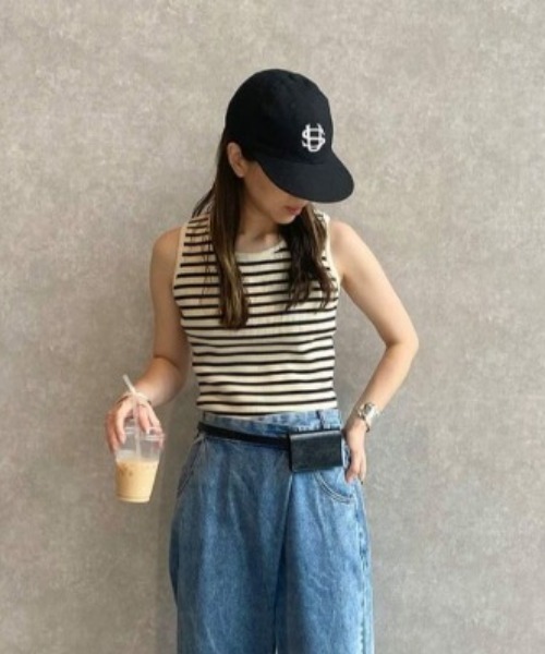 ISOOK(アイスー)の「ボーダーニットタンクトップ (kiharu select) / リブニット リブタンクトップ ボーダータンクトップ インナー(タンクトップ・レディース・ブラック/アイボリー・FREE)」の7枚目の写真