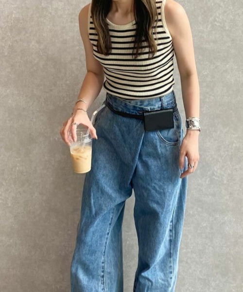 ISOOK(アイスー)の「ボーダーニットタンクトップ (kiharu select) / リブニット リブタンクトップ ボーダータンクトップ インナー(タンクトップ・レディース・ブラック/アイボリー・FREE)」の11枚目の写真