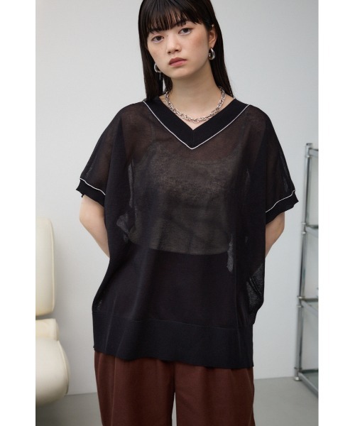 AZUL by moussy(アズールバイマウジー)の「シアーワイドルーズニット(Tシャツ/カットソー・レディース・ライム/ブラック/アイボリー/グレー・FREE)」の16枚目の写真