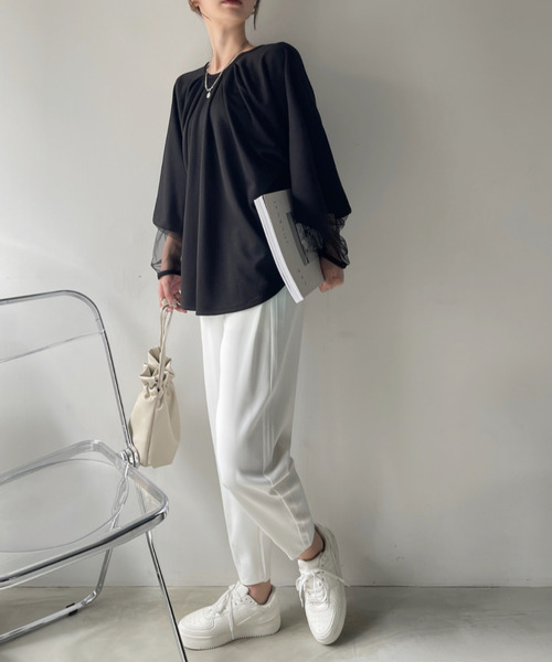 Eclat one(エクラワン)の「【Eclat one】シアー ドッキング ランタンスリーブ ブラウス(シャツ/ブラウス・レディース・アイボリー/ブラック/ブラウン系その他・FREE)」の8枚目の写真