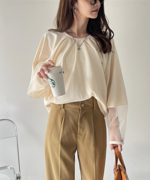 Eclat one(エクラワン)の「【Eclat one】シアー ドッキング ランタンスリーブ ブラウス(シャツ/ブラウス・レディース・アイボリー/ブラック/ブラウン系その他・FREE)」の6枚目の写真